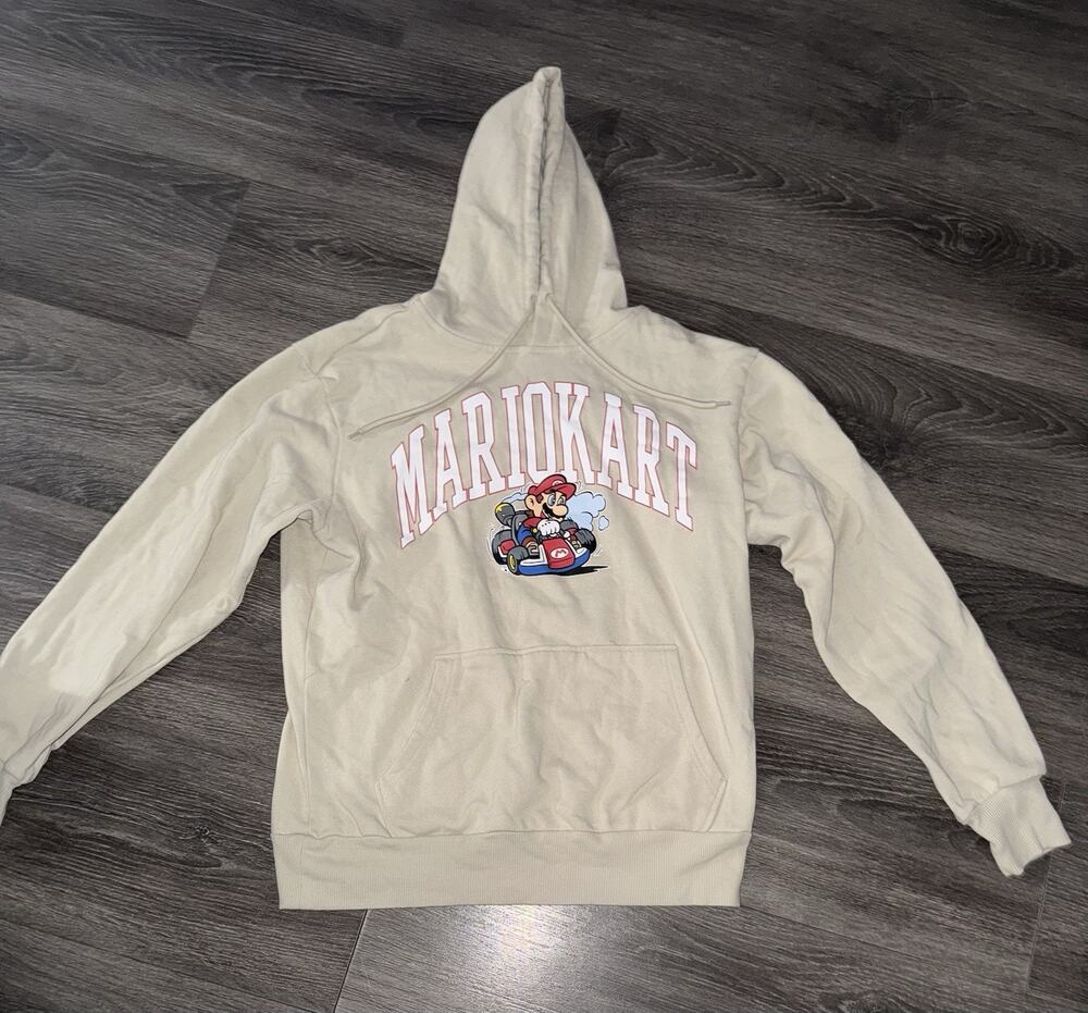 Mario Kart Hoodie Men's Beige Nintendo Gamer Gaming Sweatshirt Graphic M